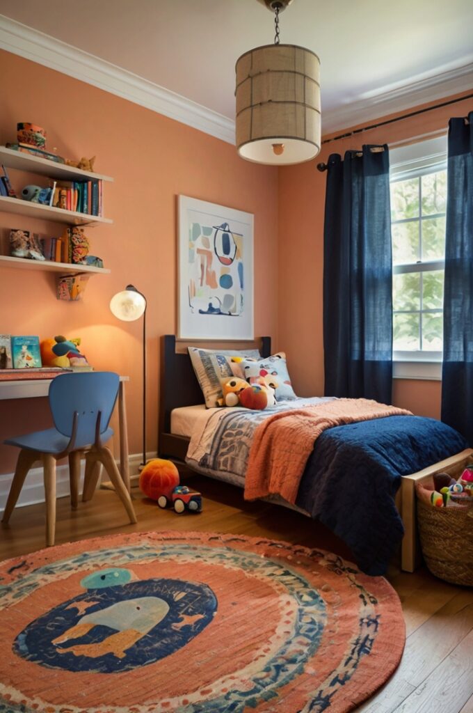 Kids’ room with creamy peach walls emitting a soft sunset glow, twin bed dressed in rust-colored bedding with textured throw pillows, midnight blue curtains hanging from a simple wooden rod, coordinating midnight blue patterned rug on light hardwood floor, natural wood bookshelf filled with colorful toys and books, warm ambient lighting from a small bedside lamp with a peach shade, minimal playful wall decals in neutral tones.