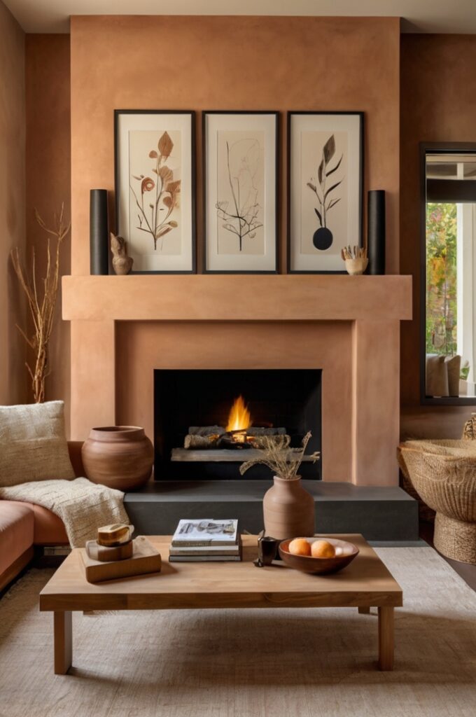 Living room with a clay-toned plaster fireplace as the central feature, surrounded by a neutral wall, cantaloupe-colored art prints in minimalist frames arranged symmetrically above the mantel, low wooden furniture with natural textures, soft ambient lighting, and a warm, cozy atmosphere designed for relaxation and visual harmony.