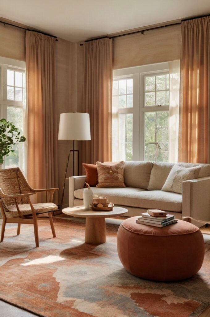 Living room with a large statement rug in blended peach and terracotta tones featuring abstract patterns, surrounded by neutral-toned linen sofa and armchairs, light natural wood coffee table and shelving, soft beige walls, and gentle daylight filtering through sheer curtains, creating a grounded, harmonious, and inviting space.