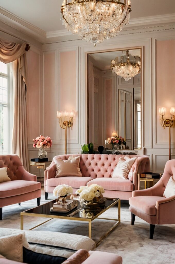 Luxurious living room featuring a blush pink sofa, centered around a white marble coffee table. Crystal chandelier hangs above, casting sparkling light. The space includes gold-framed mirrors, plush cream rug, and decorative crystal vases, creating an elegant, glamorous atmosphere with rich textures and refined finishes.