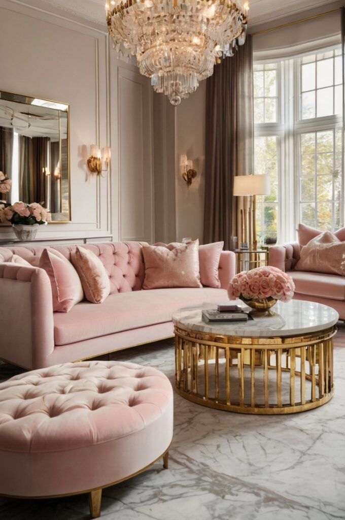 Luxurious living room featuring a blush pink sofa, centered around a white marble coffee table. Crystal chandelier hangs above, casting sparkling light. The space includes gold-framed mirrors, plush cream rug, and decorative crystal vases, creating an elegant, glamorous atmosphere with rich textures and refined finishes.