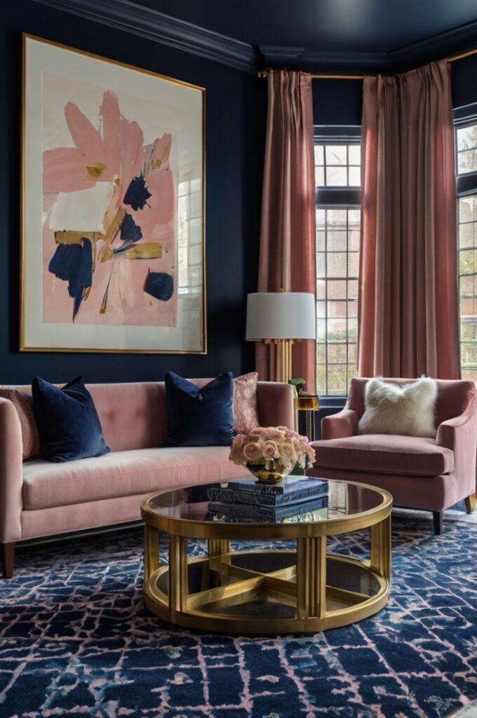 Luxurious living room with deep navy blue walls creating a dramatic backdrop. A plush blush pink velvet sofa sits centered on a navy blue patterned rug. The space includes a sleek coffee table and neutral-toned cushions. Large windows with sheer white curtains soften the bold color palette, resulting in a sophisticated and fashion-forward atmosphere.