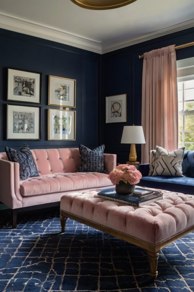 Luxurious living room with deep navy blue walls creating a dramatic backdrop. A plush blush pink velvet sofa sits centered on a navy blue patterned rug. The space includes a sleek coffee table and neutral-toned cushions. Large windows with sheer white curtains soften the bold color palette, resulting in a sophisticated and fashion-forward atmosphere.