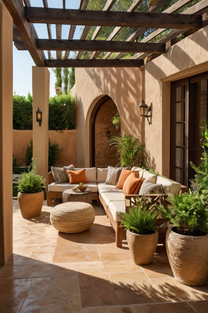 Mediterranean-inspired outdoor patio with textured clay planters filled with lush green plants, cushioned seating featuring cantaloupe-colored fabric, warm stone flooring, stucco walls in soft earth tones, wooden pergola casting dappled sunlight, and natural woven accents creating a serene, sunlit, and harmonious atmosphere.