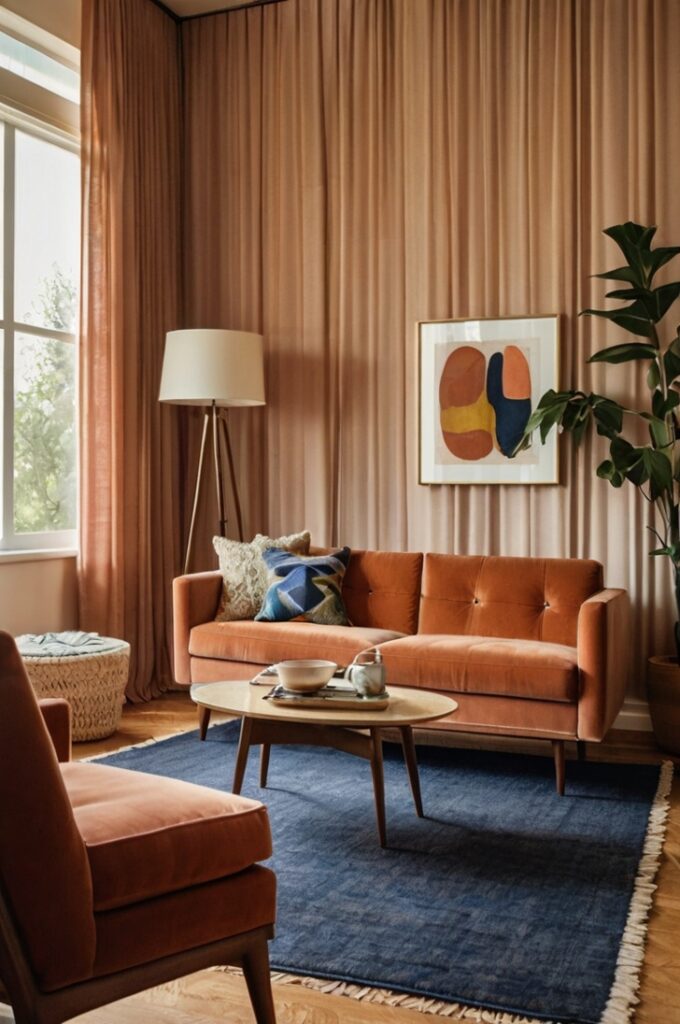 Mid-century modern living room featuring a rust velvet sofa with tapered wooden legs, deep navy curtains framing large windows, peach abstract wall art hung on a light beige wall, warm wood coffee table with clean lines, brass floor lamp with a minimalist design casting soft light, matching wooden sideboard with brass handles, textured cream rug on hardwood floor, desert-inspired color palette creating a cozy, stylish atmosphere.