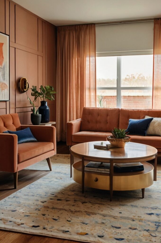 Mid-century modern living room featuring a rust velvet sofa with tapered wooden legs, deep navy curtains framing large windows, peach abstract wall art hung on a light beige wall, warm wood coffee table with clean lines, brass floor lamp with a minimalist design casting soft light, matching wooden sideboard with brass handles, textured cream rug on hardwood floor, desert-inspired color palette creating a cozy, stylish atmosphere.