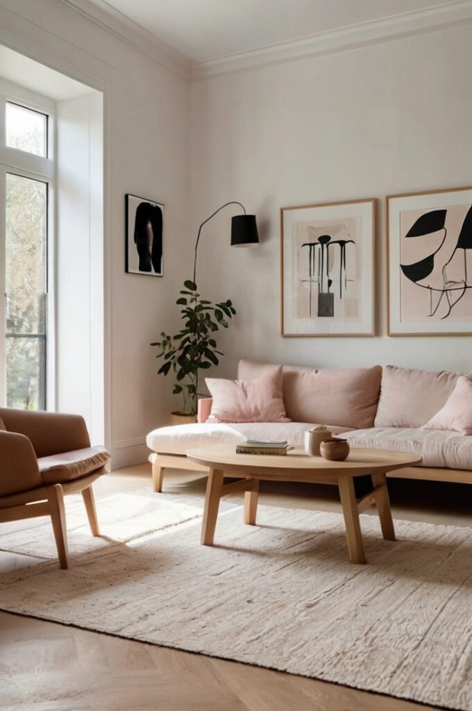 Minimalist Scandinavian living room with white walls, light oak wood furniture, and clean lines. A pale blush pink area rug anchors the space, complemented by subtle blush accents in throw pillows. The room features a white linen sofa, a simple oak coffee table, and soft natural light from large unadorned windows, creating a calm and stylish atmosphere.