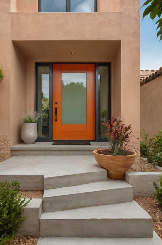 Modern exterior entryway featuring a bold cantaloupe-colored front door with a smooth matte finish, framed by wide clay-toned trim with subtle texture, light stucco walls in a neutral shade, clean concrete steps leading up to the entrance, minimal potted plants on either side, and soft natural lighting creating a warm, artistic, and inviting first impression.
