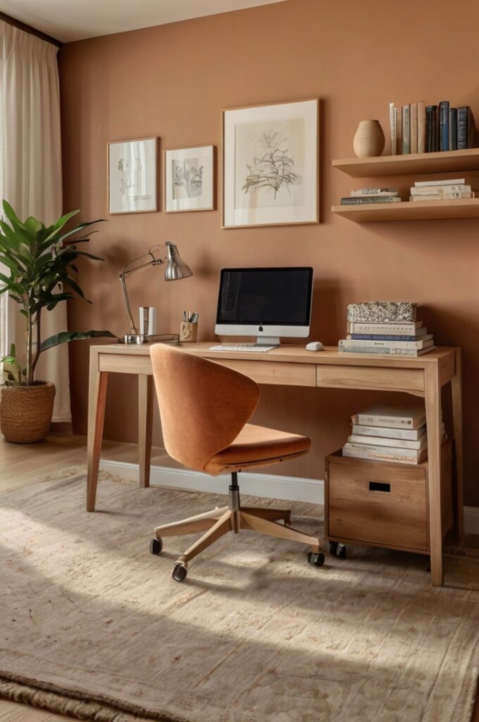 Modern home office with a sleek cantaloupe-colored upholstered desk chair positioned at a minimalist wooden desk, clay-toned accent wall behind the workspace, floating shelves with neatly arranged books and ceramics, large window with soft natural light, neutral rug on light wood flooring, and clean, uncluttered decor creating a warm, focused, and inviting environment