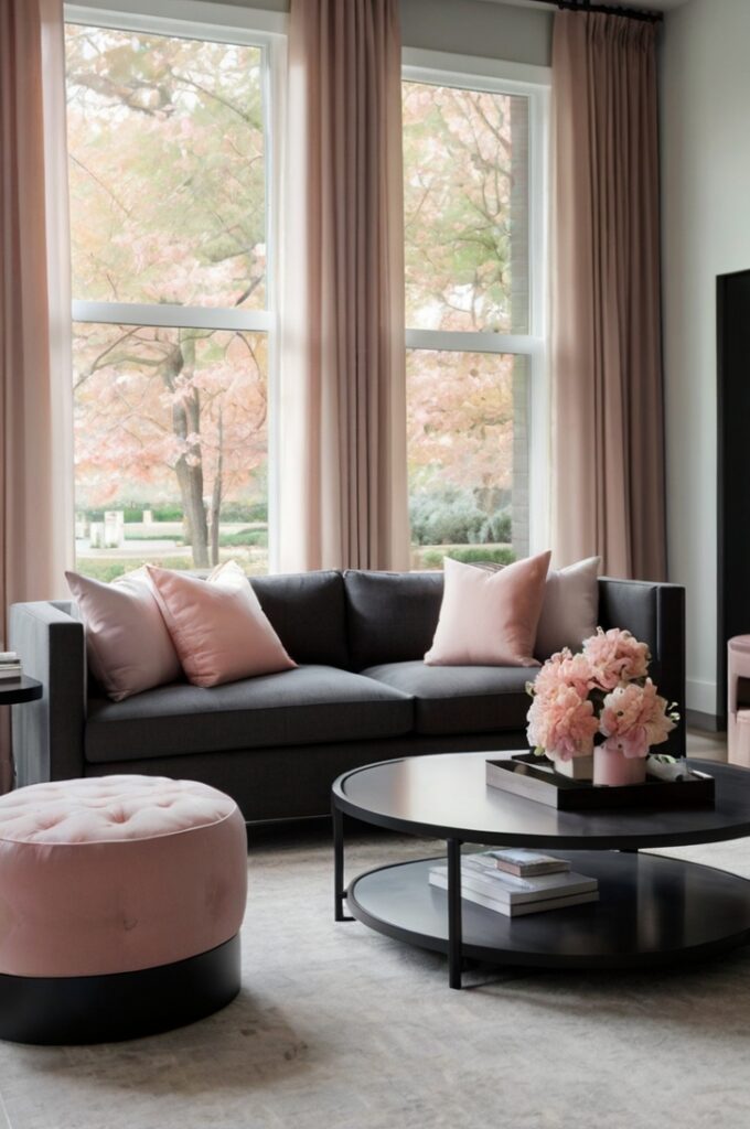 Modern living room featuring a charcoal gray sofa with clean lines, styled with blush pink throw pillows for contrast. The space includes a light neutral rug, a black metal coffee table, and a blush-toned abstract painting on a white wall. Natural light filters through sheer curtains, highlighting the balance of soft and bold elements in a refined setting.
