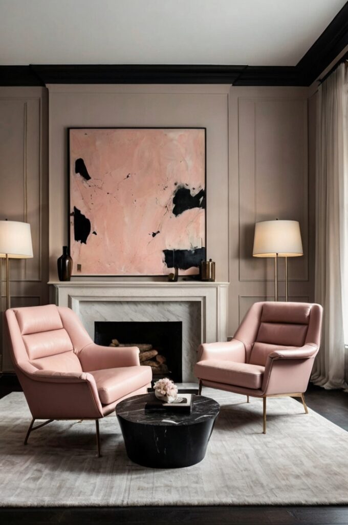 Modern living room featuring blush pink leather armchairs with clean, angular lines, positioned on rich dark wood flooring. The space includes a low-profile neutral-toned sofa, a black marble coffee table, and minimalistic lighting with metal accents. A large beautiful painting in soft blush and gray tones hangs on a white wall, creating a refined, contemporary atmosphere with an edgy twist.