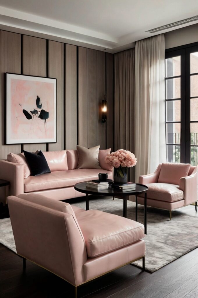 Modern living room featuring blush pink leather armchairs with clean, angular lines, positioned on rich dark wood flooring. The space includes a low-profile neutral-toned sofa, a black marble coffee table, and minimalistic lighting with metal accents. A large beautiful painting in soft blush and gray tones hangs on a white wall, creating a refined, contemporary atmosphere with an edgy twist.