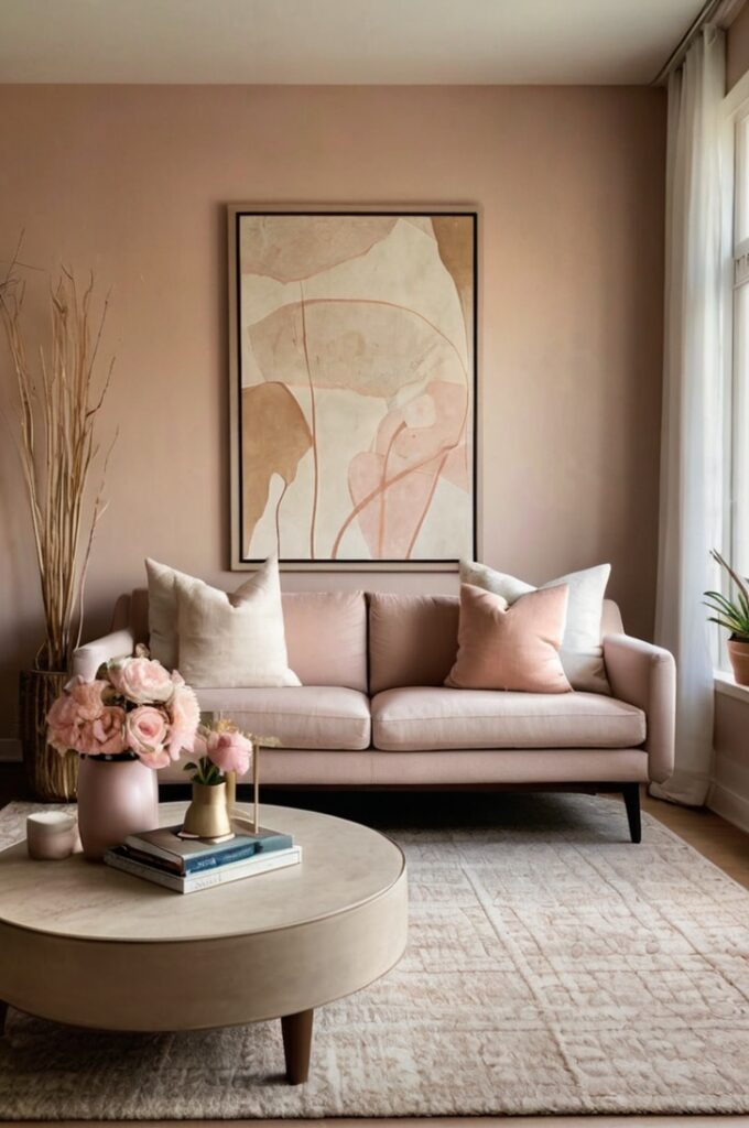 Modern living room with layered neutral tones, featuring a taupe sofa styled with blush pink throw blankets and pillows. The space includes a cream area rug, a beige armchair, and a light wood coffee table. Walls are painted soft white, and minimal decor includes a ceramic vase and neutral-toned artwork, creating a warm and inviting atmosphere with a subtle blush accent.