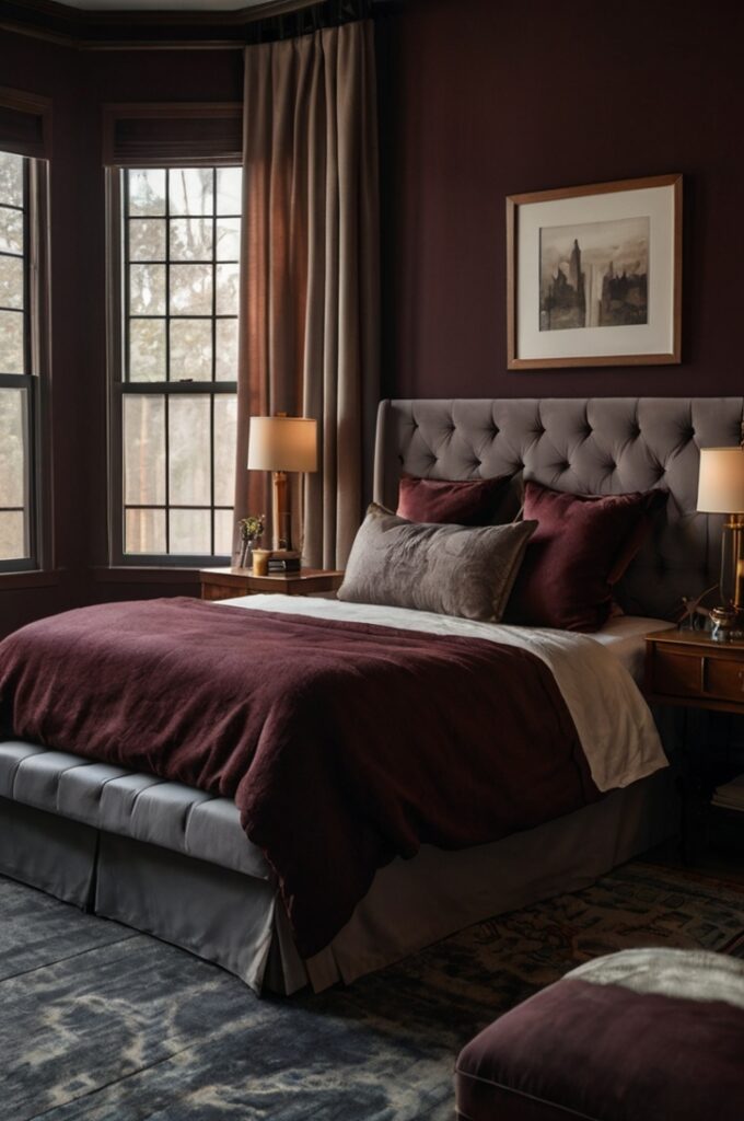 Moody bedroom with rich Bordeaux walls, stormy gray bedding and furniture accents, ivory curtains and trim, dramatic yet softened atmosphere, low warm lighting, textured fabrics, elegant vintage details, balanced deep and light tones