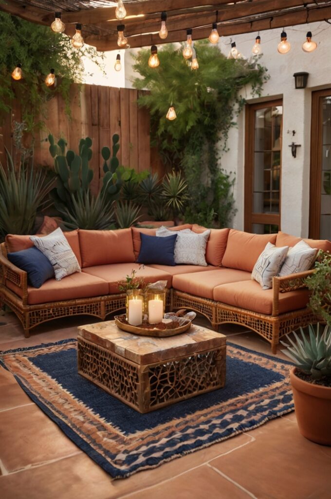 Outdoor patio featuring rust-colored cushions on woven rattan furniture, a large midnight blue outdoor rug beneath a low wooden coffee table, soft peach-toned string lights hanging overhead casting a warm evening glow, terracotta planters with desert succulents around the seating area, natural stone flooring, sunset sky visible in the background creating a serene, inviting atmosphere.