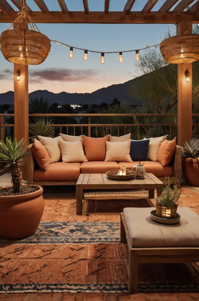 Outdoor patio featuring rust-colored cushions on woven rattan furniture, a large midnight blue outdoor rug beneath a low wooden coffee table, soft peach-toned string lights hanging overhead casting a warm evening glow, terracotta planters with desert succulents around the seating area, natural stone flooring, sunset sky visible in the background creating a serene, inviting atmosphere.