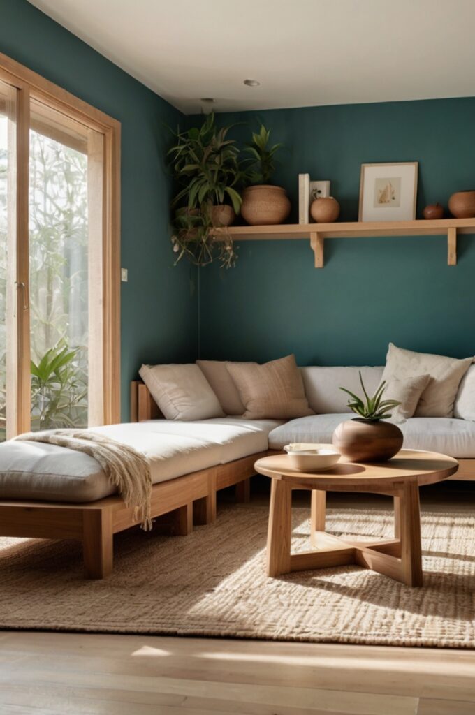 Japandi-style living room featuring a muted teal accent wall with a smooth matte finish that anchors the space with subtle serenity. The room showcases natural light wood elements, including a low-profile wooden sofa frame with beige linen cushions and simple clean lines. A light oak wood coffee table with rounded edges sits on a woven natural fiber rug with soft textures. The surrounding walls are painted warm off-white, enhancing the minimalist and airy atmosphere. Decorative accents include a single ceramic vase with dried pampas grass on the coffee table, and a handcrafted wooden shelf mounted on the teal wall displaying minimalist pottery and a small bonsai tree. Soft natural light filters through sheer white curtains, emphasizing the harmonious blend of Japanese simplicity and Scandinavian warmth in this calm, balanced space.
