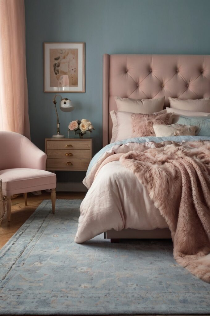 Romantic bedroom with soft dusty blue walls, blush pink bedding, cream furniture and curtains, delicate feminine atmosphere, airy soft lighting, vintage-inspired decor, balanced cool and warm tones, serene and cozy ambiance
