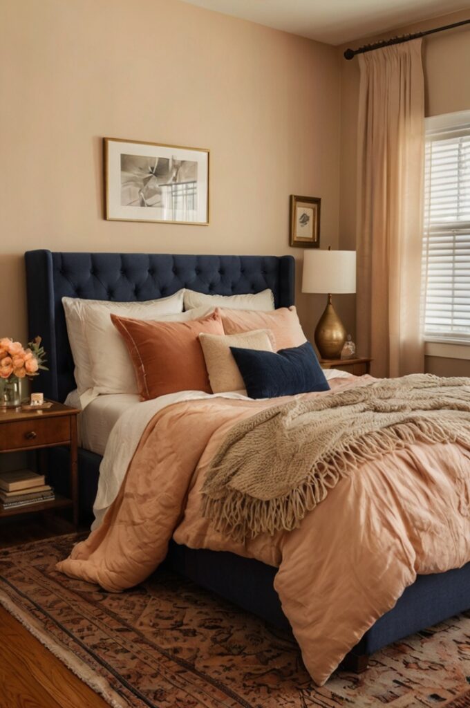 Romantic guest room featuring a cozy bed layered with soft peach bedding, rust-colored accent pillows, and a rich navy throw blanket draped across the foot. Warm golden lighting from a vintage brass table lamp creates a sunset glow, light beige walls complementing the palette, natural wood nightstand holding a small vase with dried flowers, textured cream rug on wooden floor, inviting and intimate atmosphere.
