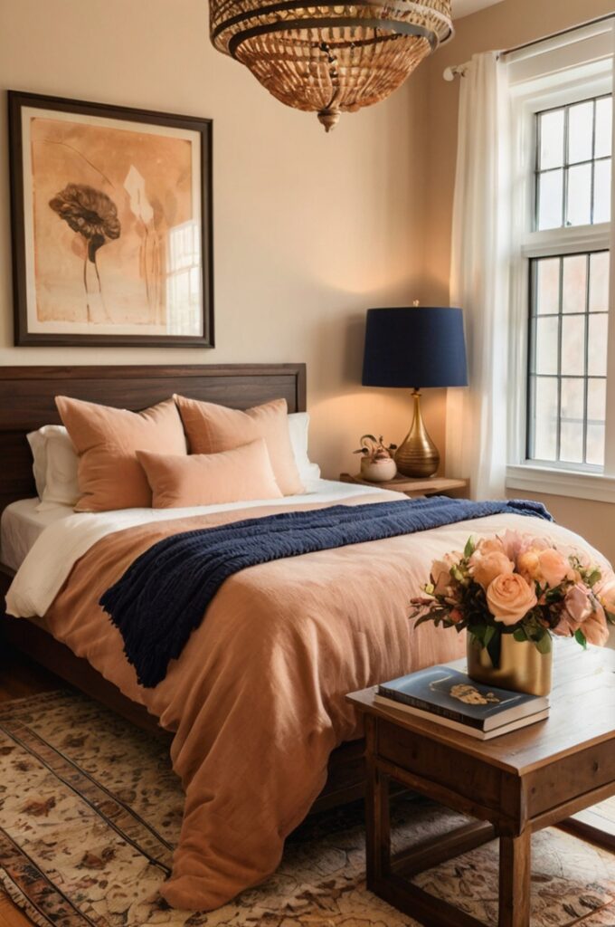 Romantic guest room featuring a cozy bed layered with soft peach bedding, rust-colored accent pillows, and a rich navy throw blanket draped across the foot. Warm golden lighting from a vintage brass table lamp creates a sunset glow, light beige walls complementing the palette, natural wood nightstand holding a small vase with dried flowers, textured cream rug on wooden floor, inviting and intimate atmosphere.