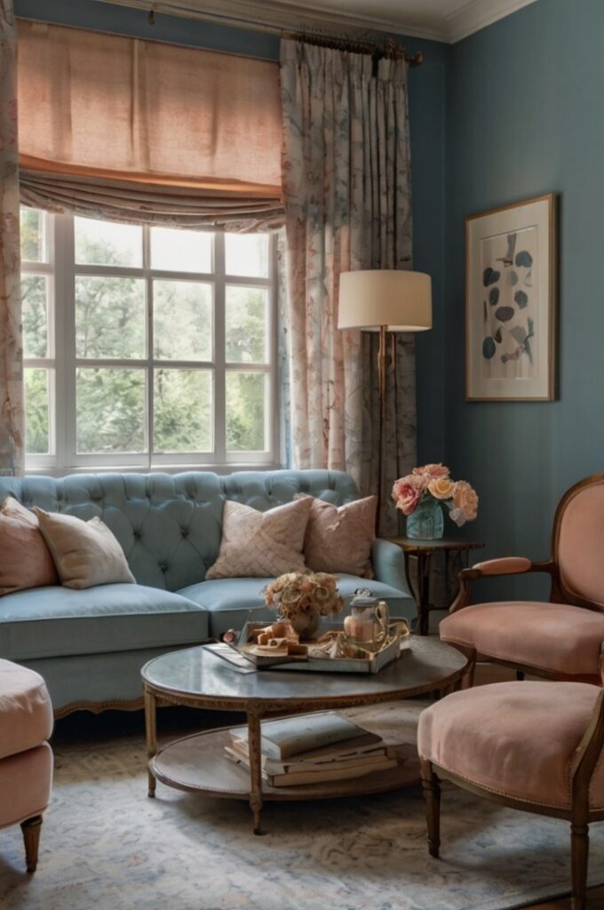 Romantic living room with dusty blue walls, dusty peach upholstered furniture and decorative accents, ecru curtains and trim, soft ambient lighting, vintage-inspired decor, delicate textures, serene and cozy atmosphere, balanced muted warm and cool tones
