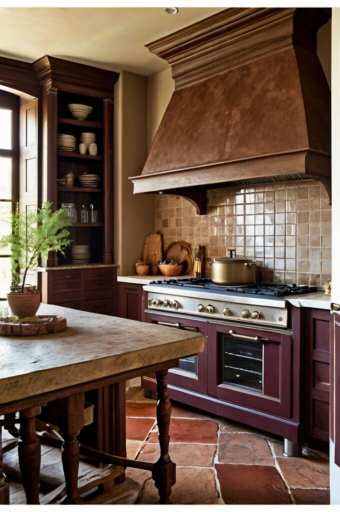 Rustic French kitchen with deep Bordeaux cabinetry, clay-colored tiled backsplash and pottery, porcelain white countertops and trim, earthy warm tones, natural textures, soft daylight, inviting and timeless atmosphere, vintage-inspired details
