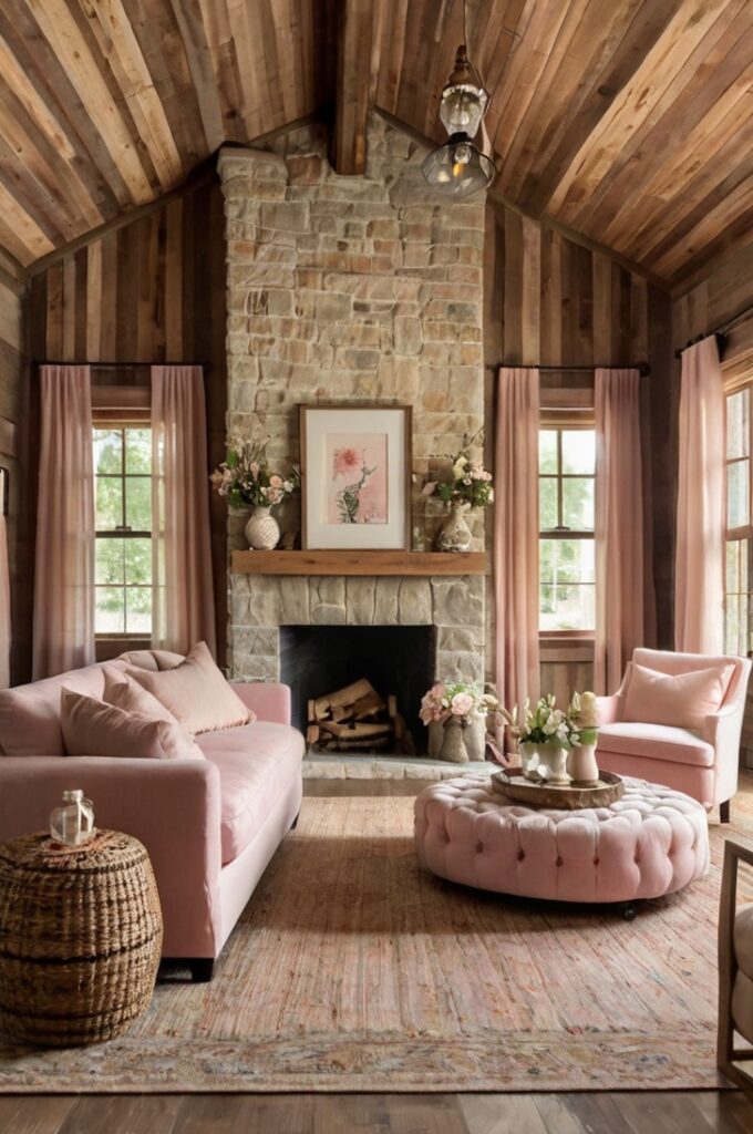 Rustic living room with natural wood-paneled walls, featuring a vintage sofa with a blush pink linen slipcover. The space includes a reclaimed wood coffee table, a textured stone fireplace, and blush pink drapes framing tall windows. Neutral-toned cushions, a woven jute rug, and ceramic pottery accents complete the warm, charming atmosphere with a blend of organic materials and soft blush details.