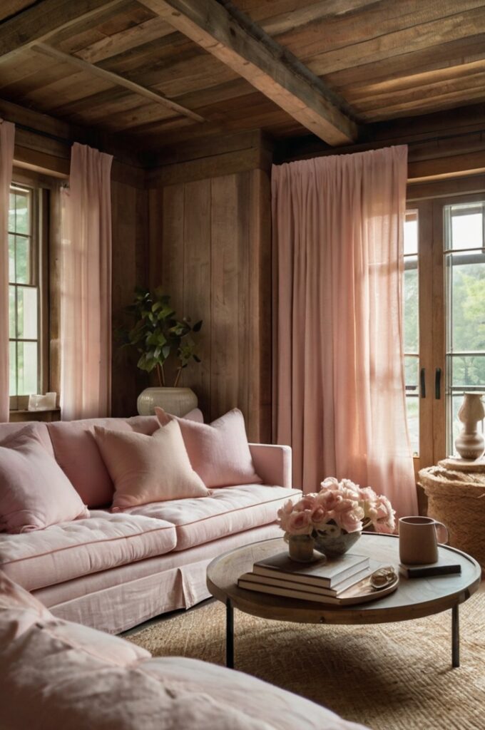 Rustic living room with natural wood-paneled walls, featuring a vintage sofa with a blush pink linen slipcover. The space includes a reclaimed wood coffee table, a textured stone fireplace, and blush pink drapes framing tall windows. Neutral-toned cushions, a woven jute rug, and ceramic pottery accents complete the warm, charming atmosphere with a blend of organic materials and soft blush details.