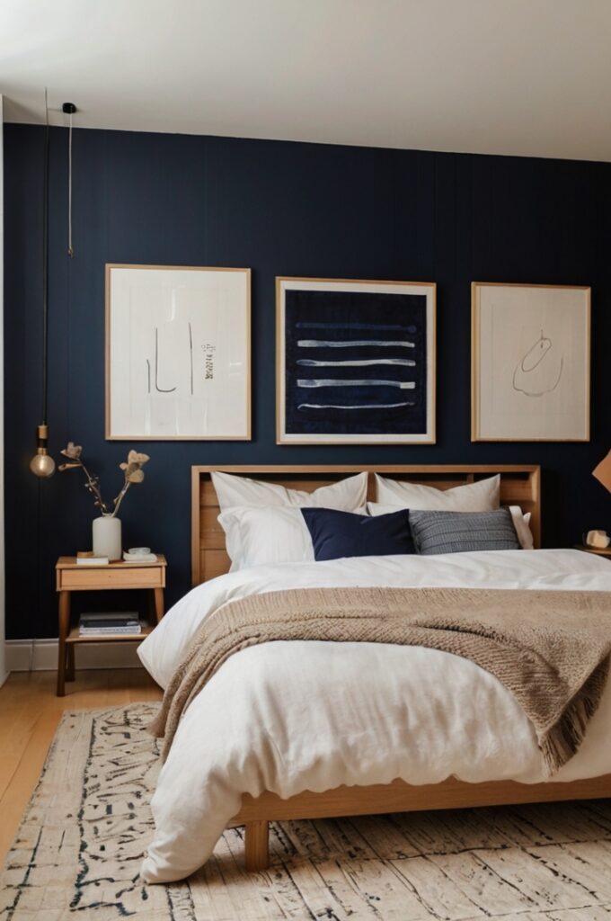 Scandinavian bedroom featuring a minimalist light wood platform bed dressed in soft peach linens and crisp white sheets, midnight blue wool throw neatly folded at the foot of the bed, simple framed midnight blue abstract artwork hanging above the bed, neutral beige walls and light hardwood floors, small wooden nightstand with a ceramic white lamp, clean lines and uncluttered design emphasizing warmth and calm.