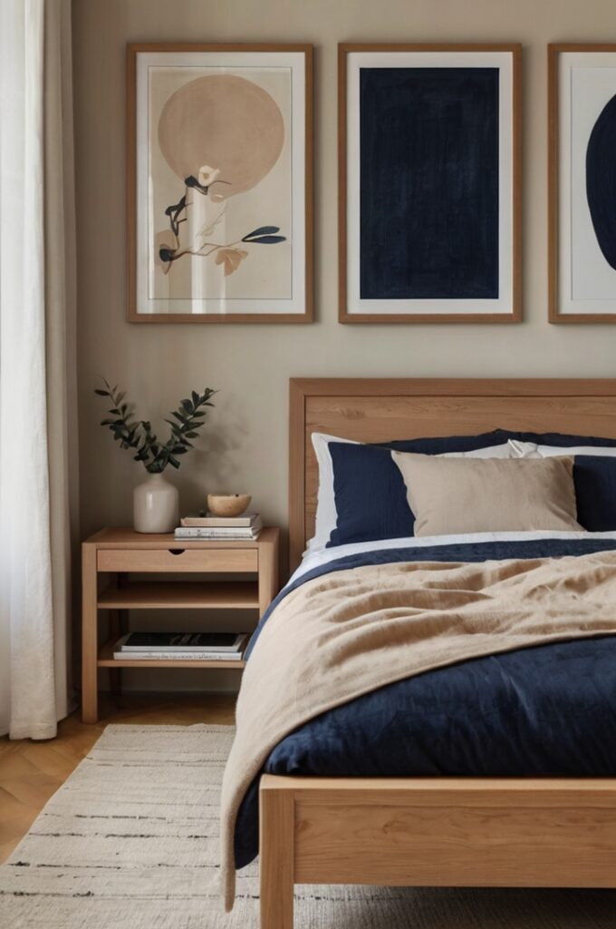 Scandinavian bedroom featuring a minimalist light wood platform bed dressed in soft peach linens and crisp white sheets, midnight blue wool throw neatly folded at the foot of the bed, simple framed midnight blue abstract artwork hanging above the bed, neutral beige walls and light hardwood floors, small wooden nightstand with a ceramic white lamp, clean lines and uncluttered design emphasizing warmth and calm.