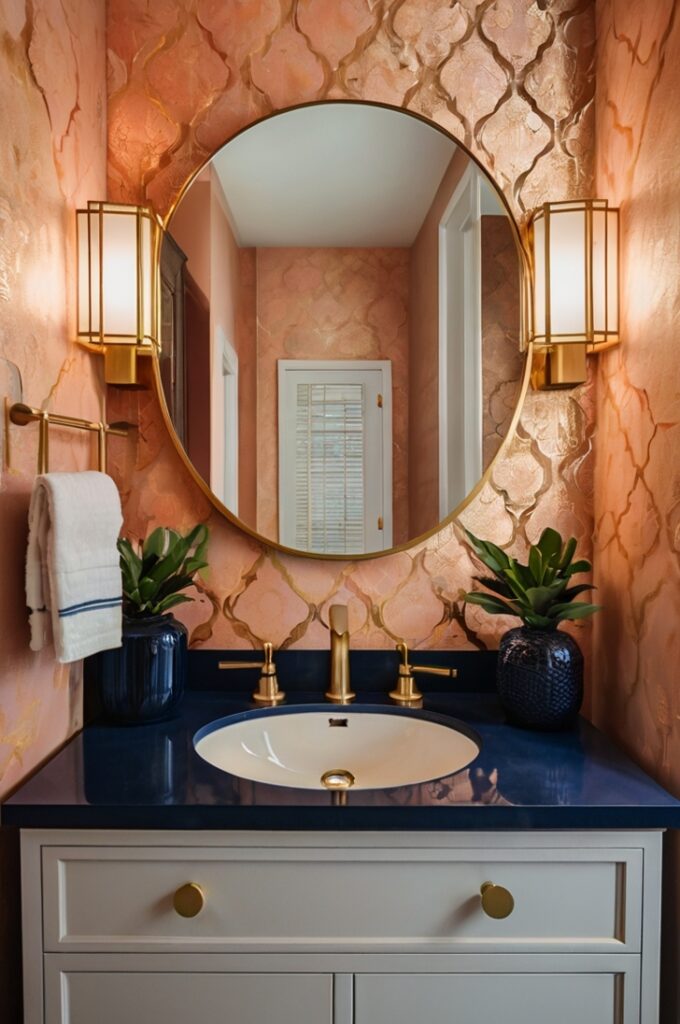 Small powder room with peach wallpaper featuring delicate metallic accents, navy blue vanity with sleek gold hardware, rust-toned plush towels neatly folded on a brass towel rack, large round brass mirror with thin frame above the vanity, white countertop with minimal decor, warm soft lighting highlighting desert-inspired elegant details, light neutral floor tiles with subtle texture.
