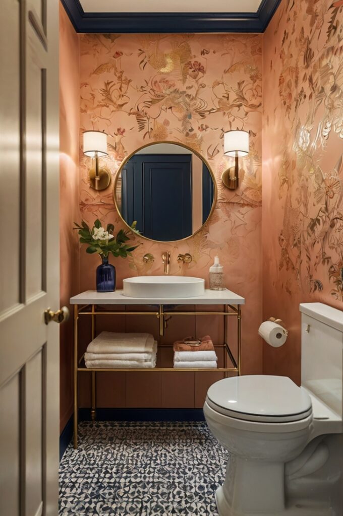 Small powder room with peach wallpaper featuring delicate metallic accents, navy blue vanity with sleek gold hardware, rust-toned plush towels neatly folded on a brass towel rack, large round brass mirror with thin frame above the vanity, white countertop with minimal decor, warm soft lighting highlighting desert-inspired elegant details, light neutral floor tiles with subtle texture.