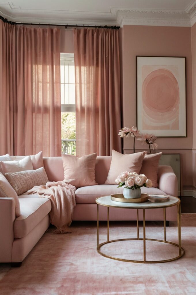 Sophisticated monochrome living room fully embracing blush tones, with walls painted in soft blush pink and layered textiles in varying shades of blush and dusty rose. The space features a blush sofa, a rose-toned area rug, and cushions in mixed blush hues. Sheer dusty rose curtains frame large windows, while blush ceramic vases and cute artwork in pink tones add depth and visual harmony throughout the cohesive, elegant design.
