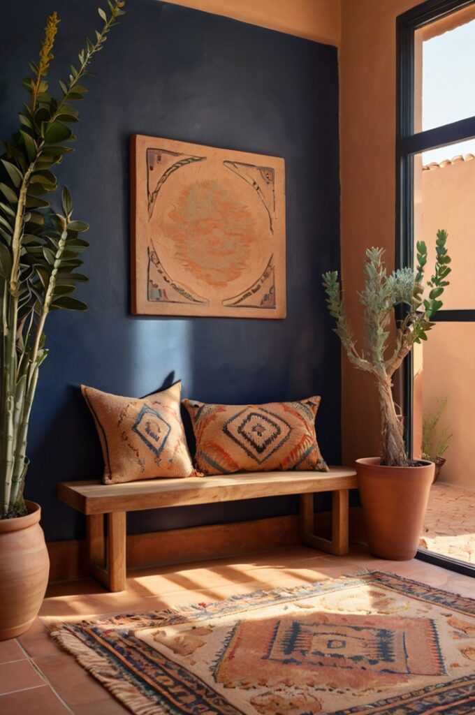 Southwestern entryway featuring rustic terra cotta floor tiles, midnight blue wooden bench with woven cushion, soft peach wall art framed in natural wood, warm sunlight casting gentle shadows, textured cream walls, small clay pot with dried wildflowers on a wooden shelf, natural woven rug anchoring the space, inviting and colorful desert-inspired atmosphere.