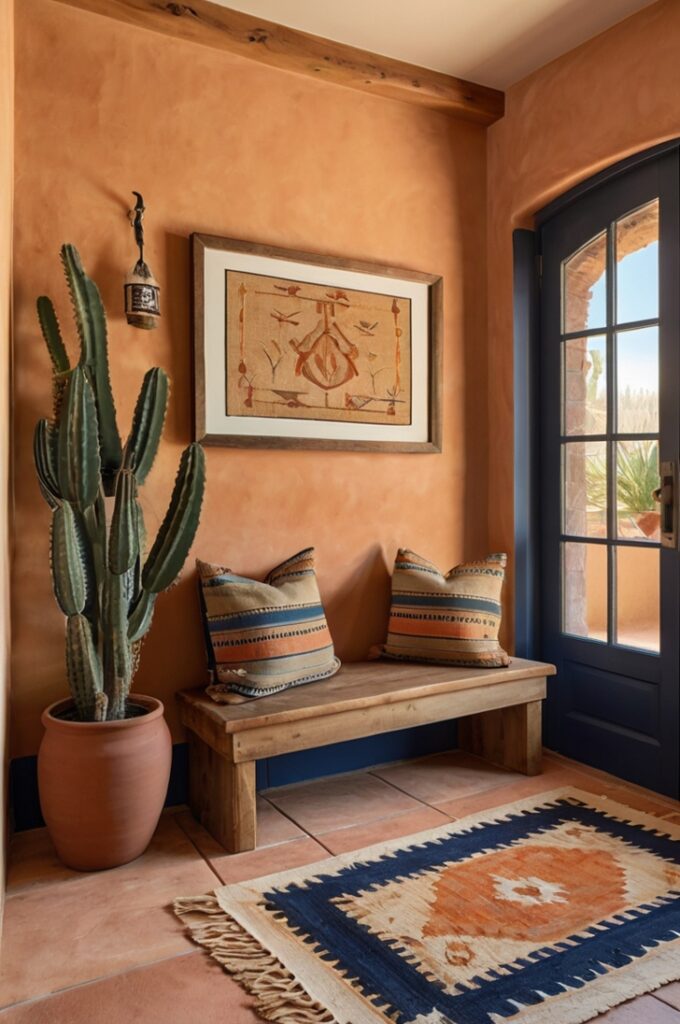 Southwestern entryway featuring rustic terra cotta floor tiles, midnight blue wooden bench with woven cushion, soft peach wall art framed in natural wood, warm sunlight casting gentle shadows, textured cream walls, small clay pot with dried wildflowers on a wooden shelf, natural woven rug anchoring the space, inviting and colorful desert-inspired atmosphere.