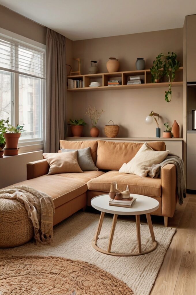 Studio apartment with an open layout featuring clay-colored floating shelves dividing the living and kitchen areas, cantaloupe-toned accents including cushions, throw blankets, and small decor items, light wood flooring, neutral walls, compact furniture with clean lines, large windows with soft natural light, and a cohesive design that maintains visual flow and functional separation.
