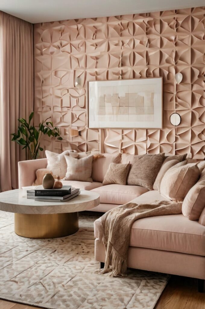 Stylish living room with a single accent wall covered in subtle blush pink geometric patterned wallpaper, creating a soft yet structured focal point. The space features a cream-colored sofa, a light wood coffee table, and a textured beige area rug. Minimalist decor includes neutral-toned cushions, a ceramic vase with dried flowers, and framed modern artwork on the adjacent white walls, enhancing the calm and elegant atmosphere.