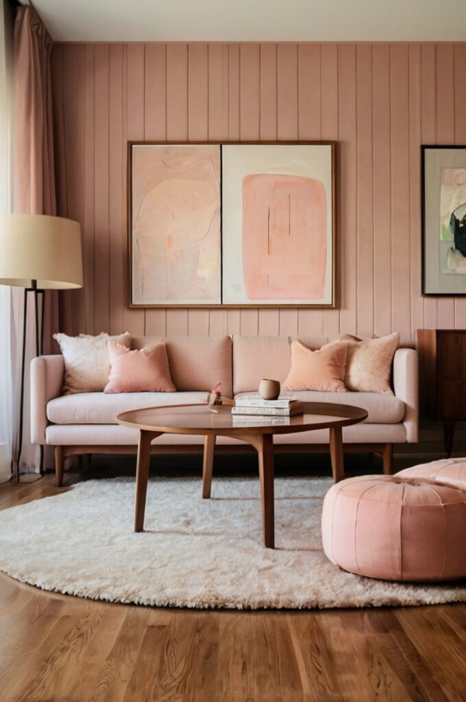 Stylish mid-century modern living room with a neutral-toned sofa featuring clean lines and wooden legs, adorned with blush pink cushions. A large abstract blush-toned painting hangs above the sofa. The room includes a walnut coffee table, minimalist floor lamp, and a light-toned rug, creating a retro yet elegant atmosphere with subtle blush accents.