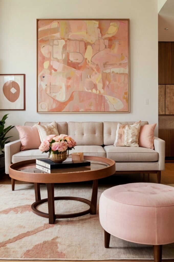 Stylish mid-century modern living room with a neutral-toned sofa featuring clean lines and wooden legs, adorned with blush pink cushions. A large abstract blush-toned painting hangs above the sofa. The room includes a walnut coffee table, minimalist floor lamp, and a light-toned rug, creating a retro yet elegant atmosphere with subtle blush accents.