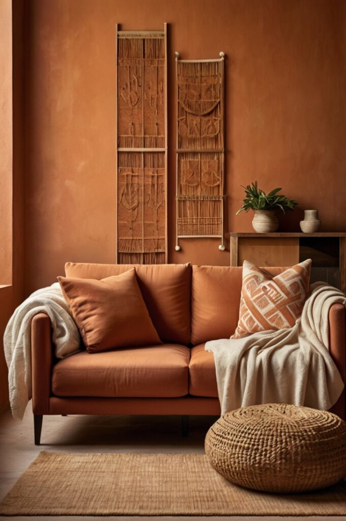 Terracotta-colored feature wall in a warm, softly lit interior, accented with cantaloupe-toned cushions and woven throws on a low, textured sofa; cozy, artistic atmosphere with natural materials, soft shadows, and earthy color palette.