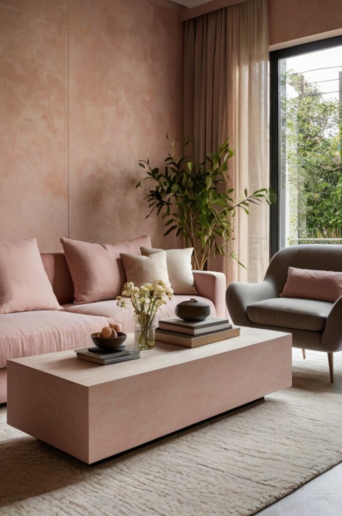 Elegant living room with textured blush pink limewash walls that add depth and sophistication. The space features a low-profile beige sofa, a travertine coffee table, and light oak flooring. A large ceramic vase with dried branches sits in the corner, and soft natural light enhances the architectural feel of the textured walls.