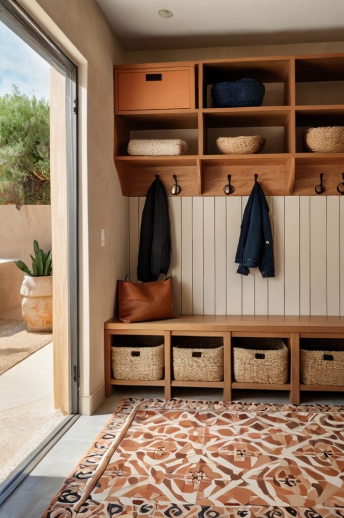 Tiled mudroom featuring patterned floor tiles in rust and peach tones with geometric designs, navy wooden storage cubbies along one wall holding baskets and boots, natural wood bench with woven seat cushion, light beige walls with simple hooks for coats, warm natural light filling the space, textured neutral rug near the entrance creating a playful yet functional desert-inspired atmosphere.