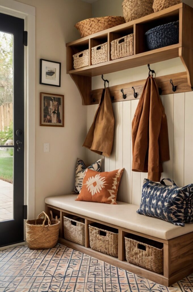 Tiled mudroom featuring patterned floor tiles in rust and peach tones with geometric designs, navy wooden storage cubbies along one wall holding baskets and boots, natural wood bench with woven seat cushion, light beige walls with simple hooks for coats, warm natural light filling the space, textured neutral rug near the entrance creating a playful yet functional desert-inspired atmosphere.