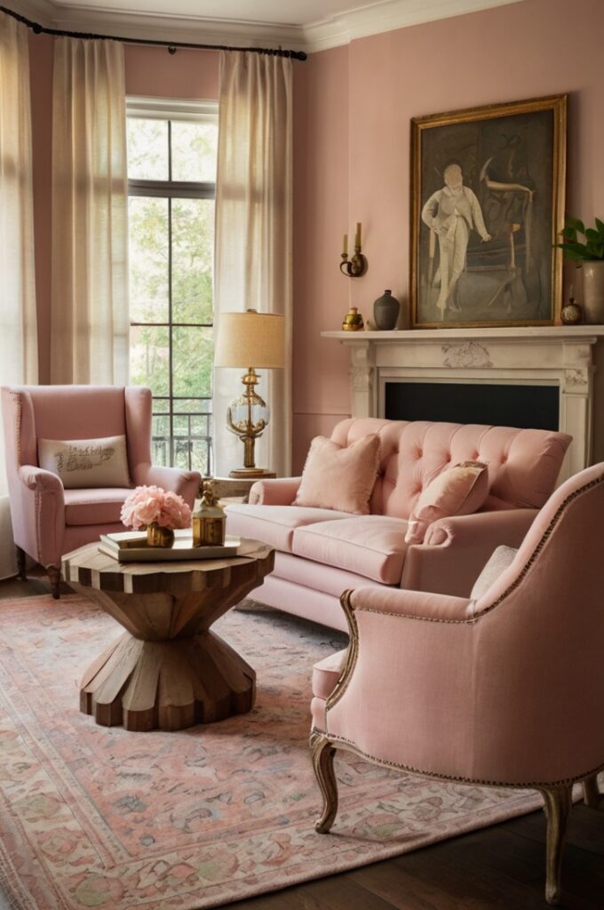 Cozy living room featuring a blush pink antique armchair with carved wooden details and a distressed reclaimed wood coffee table. The room has soft cream walls, a neutral-toned sofa with textured throw pillows, and a patterned vintage rug. Warm ambient light from a brass floor lamp highlights the timeless blend of blush accents and classic vintage furniture, creating a space full of character and charm.