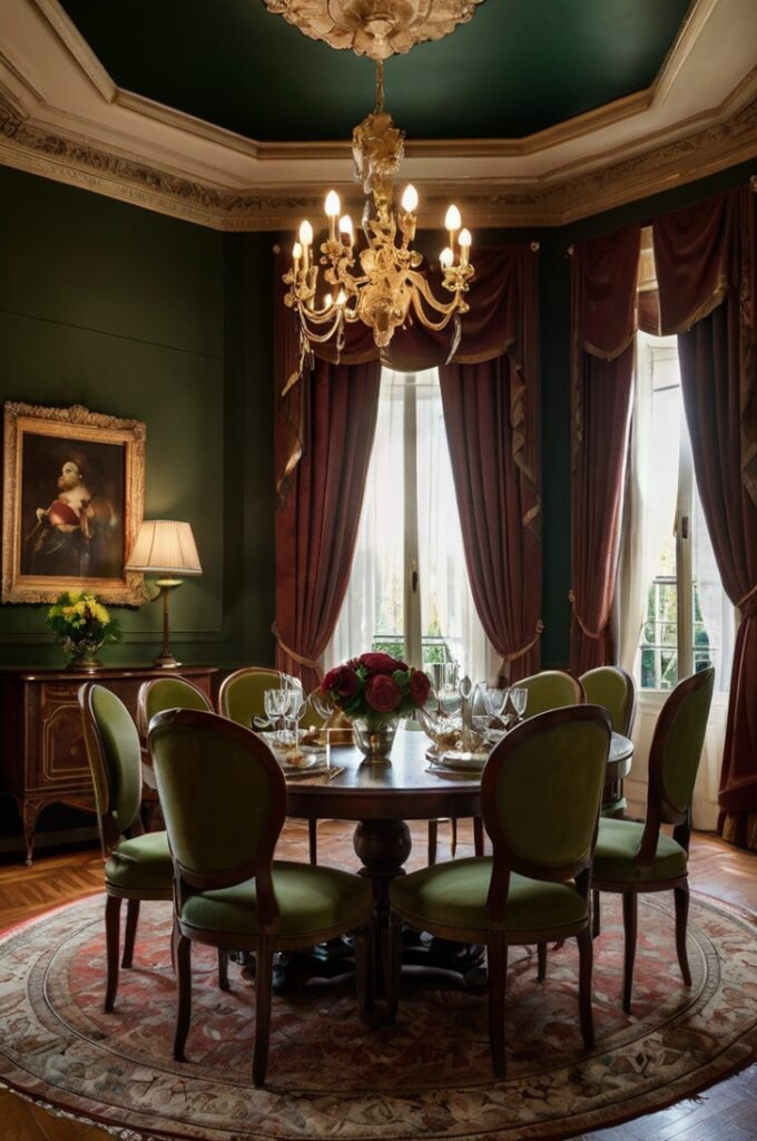 Traditional French dining room with rich Bordeaux walls, deep forest green upholstered chairs, cream curtains and table linens, elegant classic furniture, warm ambient lighting, sophisticated and inviting atmosphere, balanced rich and light tones