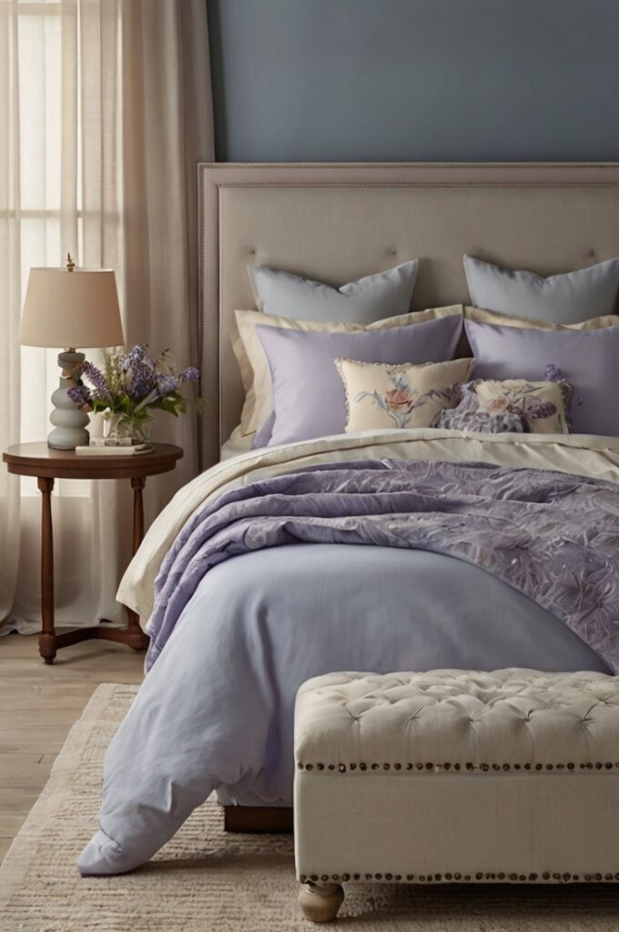 Tranquil bedroom with soft dusty blue walls, delicate lavender floral accents, cream-colored bedding and furniture, calming serene atmosphere, gentle natural light, elegant vintage details, airy and peaceful space with balanced cool and warm tones
