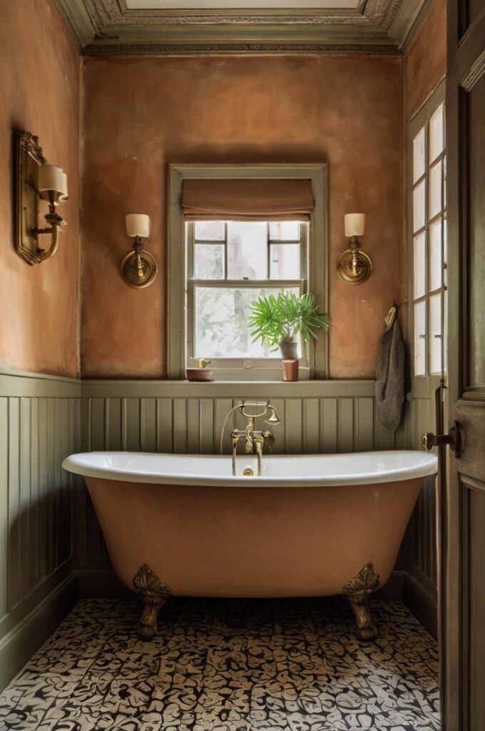 Vintage bathroom with smooth clay-colored plaster walls, cantaloupe-toned porcelain fixtures including a pedestal sink and clawfoot tub, brass hardware with patina, black-and-white mosaic tile flooring, antique-style mirror with a weathered wood frame, soft ambient lighting from a glass sconce, and curated vintage accents creating a chic, earthy blend of old-world charm and modern elegance.
