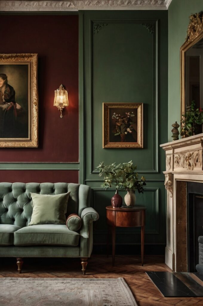 Vintage living room interior with warm Bordeaux walls, dusty green upholstered furniture and botanical accents, ivory curtains and moldings, soft ambient lighting, antique decor elements, cozy and refined atmosphere, balanced earthy and elegant tones
