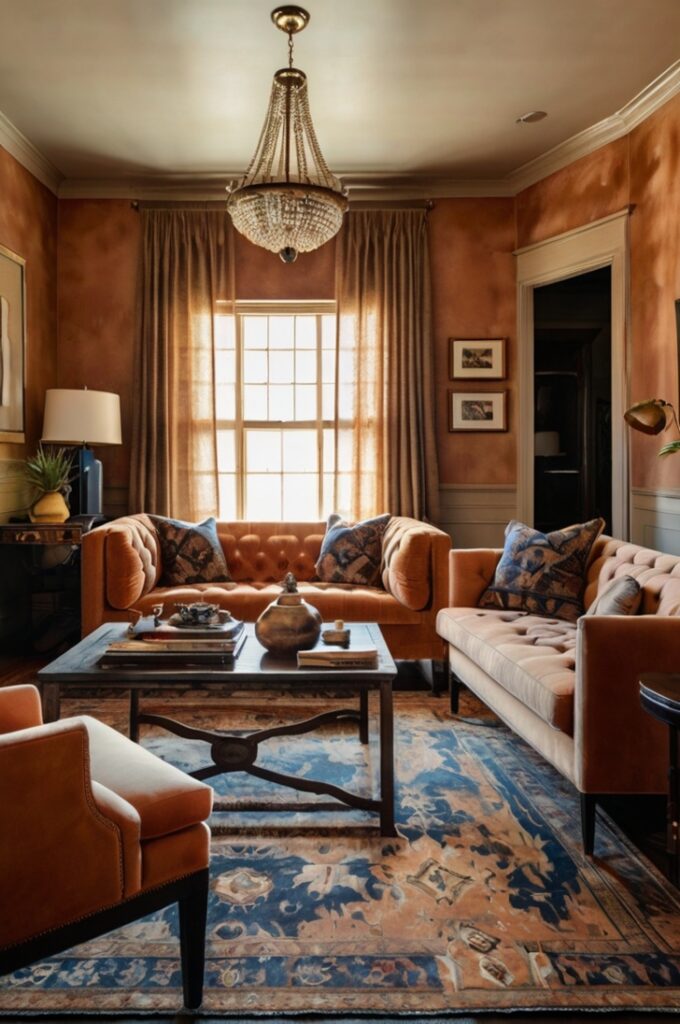 Vintage-inspired living room featuring plush rust velvet sofas with tufted details, peach-toned ceramic table lamps with soft fabric shades, rich navy antique rugs with intricate patterns covering dark hardwood floors, distressed wooden coffee table with brass accents, cream-colored textured walls adorned with vintage desert-themed artwork, warm ambient lighting enhancing a romantic, desert-toned atmosphere.
