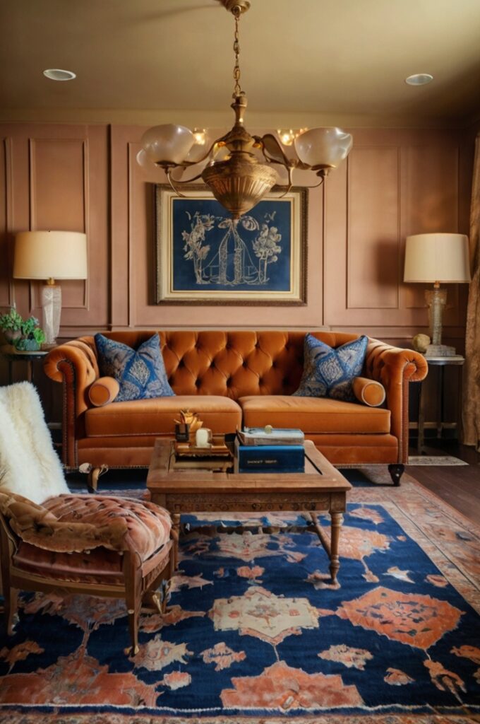 Vintage-inspired living room featuring plush rust velvet sofas with tufted details, peach-toned ceramic table lamps with soft fabric shades, rich navy antique rugs with intricate patterns covering dark hardwood floors, distressed wooden coffee table with brass accents, cream-colored textured walls adorned with vintage desert-themed artwork, warm ambient lighting enhancing a romantic, desert-toned atmosphere.
